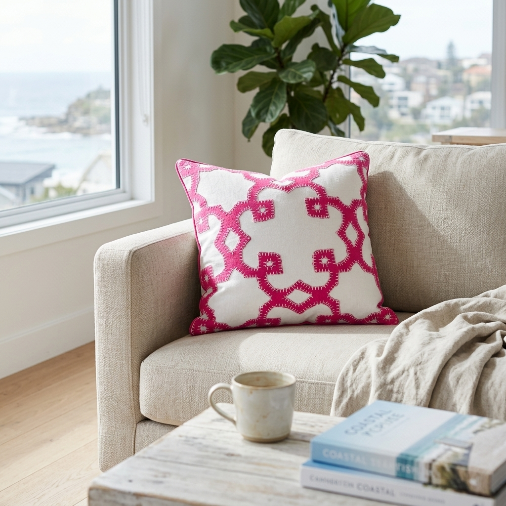A square throw pillow with a bright pink geometric trellis pattern on an off-white background, styled on a beige armchair in a bright living room setting.