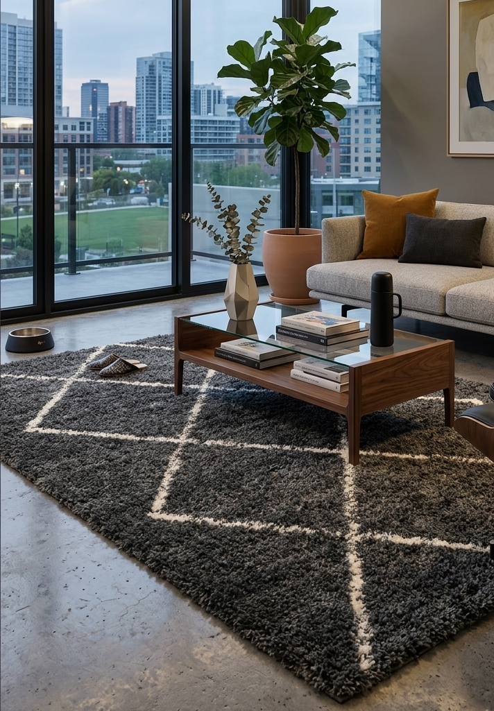 Modern living room with a large window view, gray sofa, and wooden coffee table.