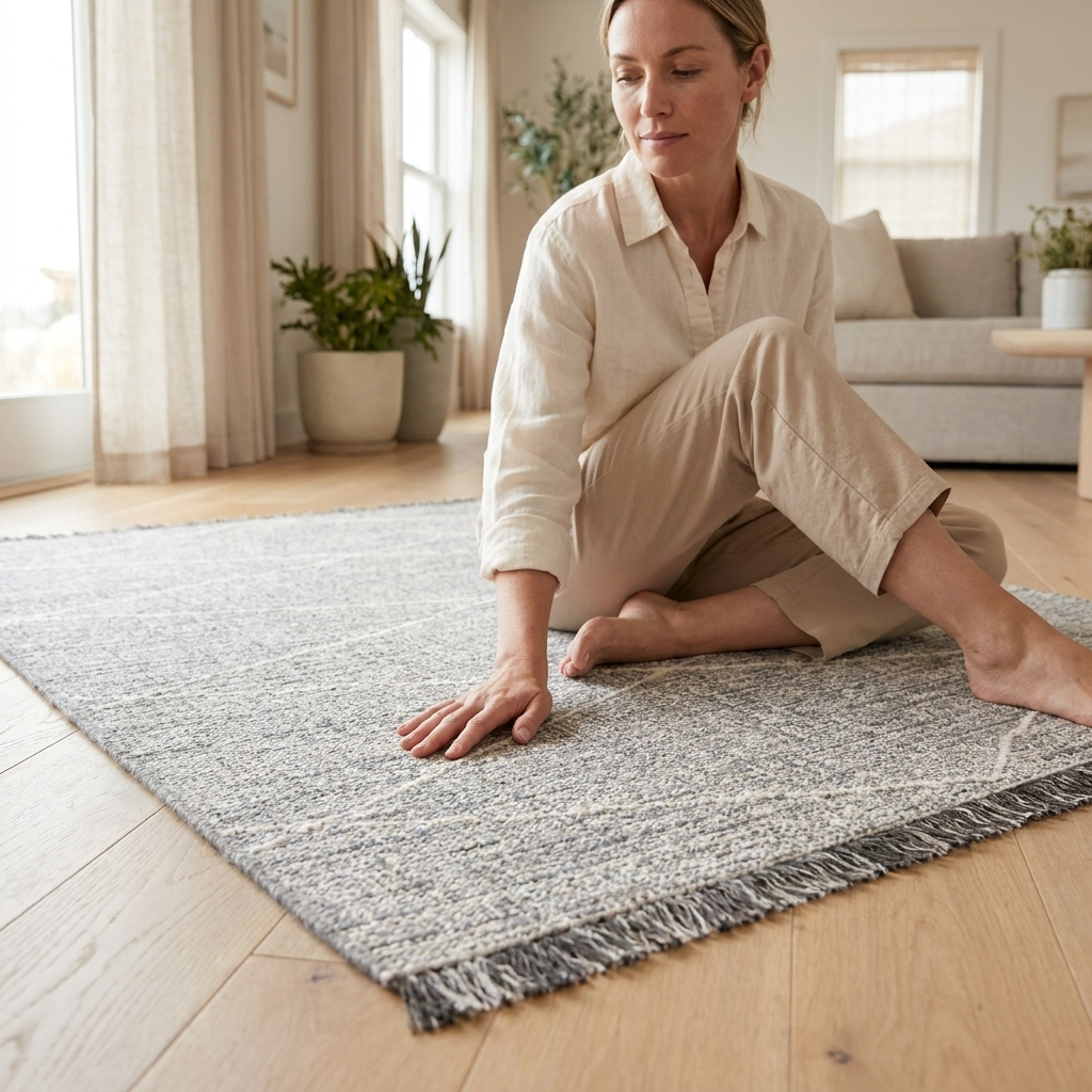 A woman sits cross-legged on a textured gray and white woven area rug in a bright, modern living room with light wood floors and neutral decor.