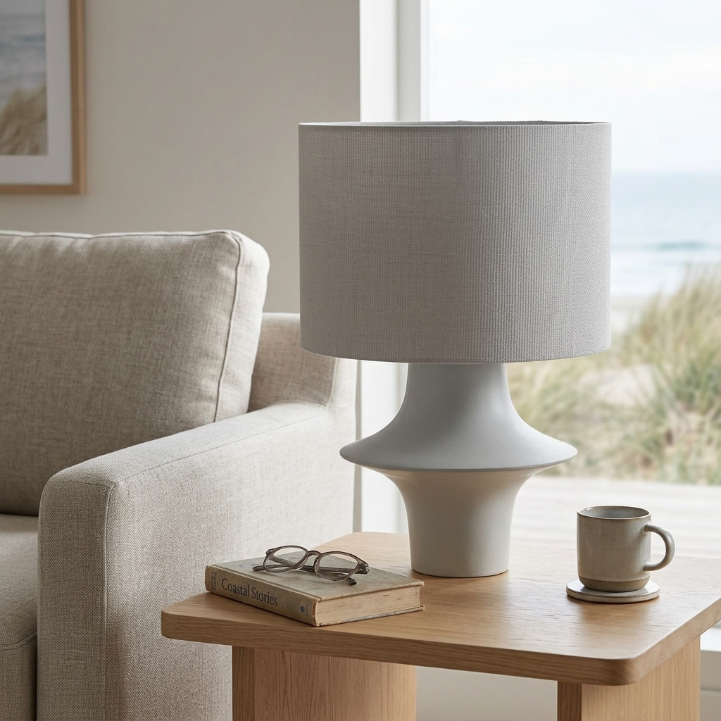 A modern table lamp with a textured light gray fabric drum shade and a sculptural white ceramic base, styled on a wooden side table next to a beige armchair with a view of the beach in the background.