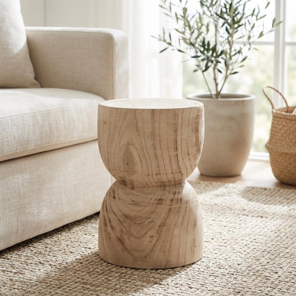 A light natural wood bachelorette-style barrel stool with a prominent wood grain pattern, placed on a woven rug next to a beige sofa in a bright, modern living room.