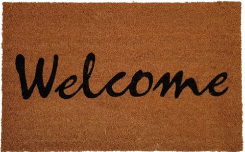 Doormat with 'Welcome' text on a brown background