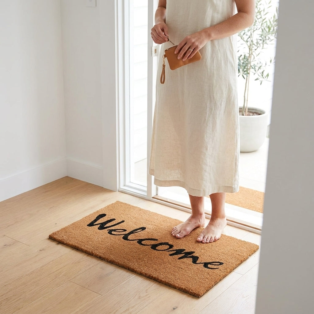 Person entering a home through a glass door onto a 'Welcome' mat. Noosa 
Rugs