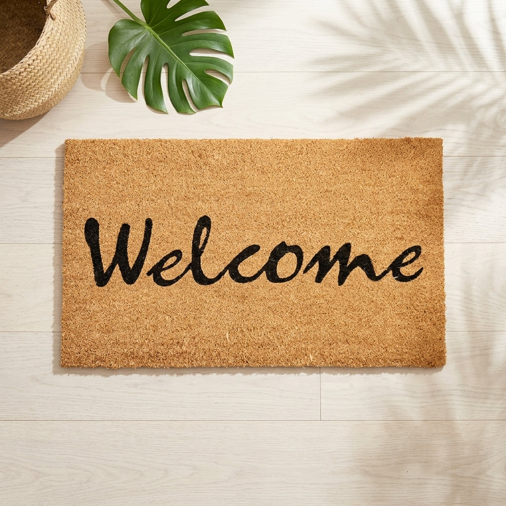 Doormat with 'Welcome' text on a light wooden floor