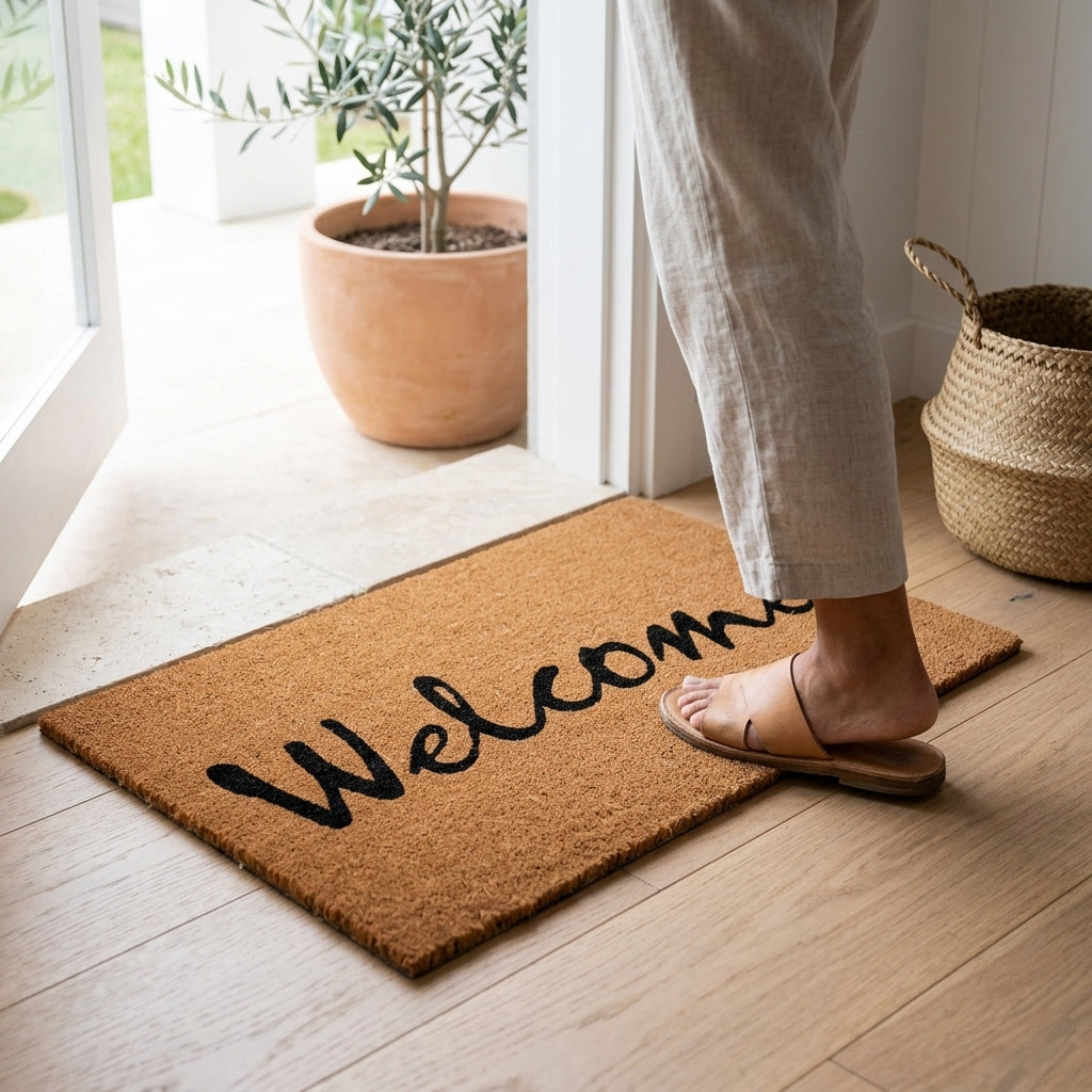 Person stepping onto a 'Welcome' mat at the entrance of a home.