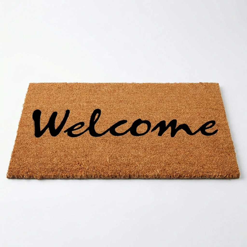 Doormat with 'Welcome' text on a white background