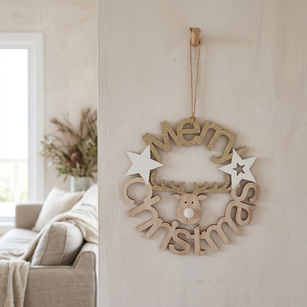 A wooden 'Merry Christmas' wreath hanging on a light-colored wall, featuring a reindeer face in the center, white star cutouts, and a hanging loop at the top. A softly blurred living room interior is visible in the background.