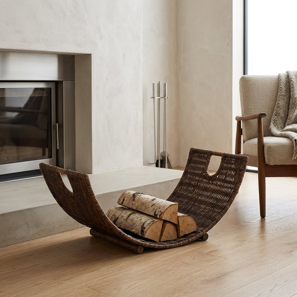 A curved woven rattan firewood rack holding several logs, placed on a light wood floor in a modern living room with a fireplace, textured walls, and a chair with a throw blanket.