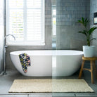 Modern bathroom with a freestanding bathtub, plant, and rug.