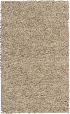 A handwoven textured caramel-colored wool rug with a looped and sheared pile, giving it a natural and tactile appearance.