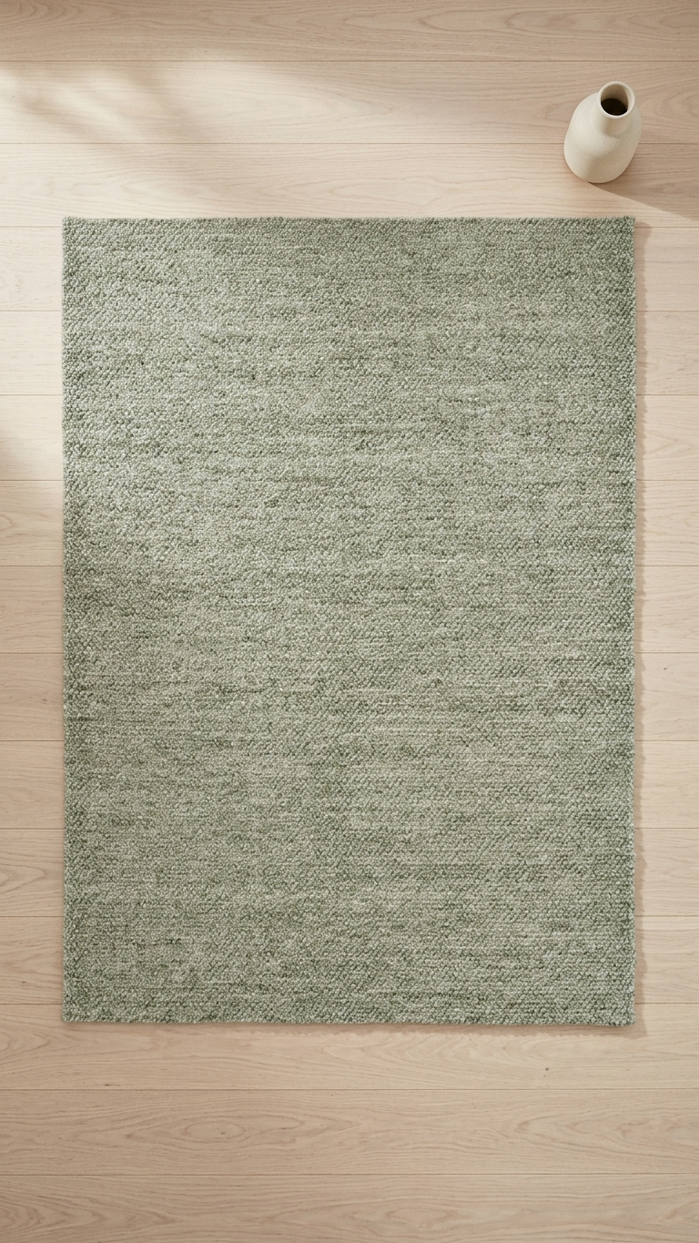 Green rug on a wooden floor with a white vase on the right side.