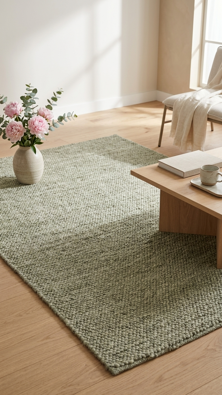 Living room with a green rug, wooden coffee table, and pink flowers.