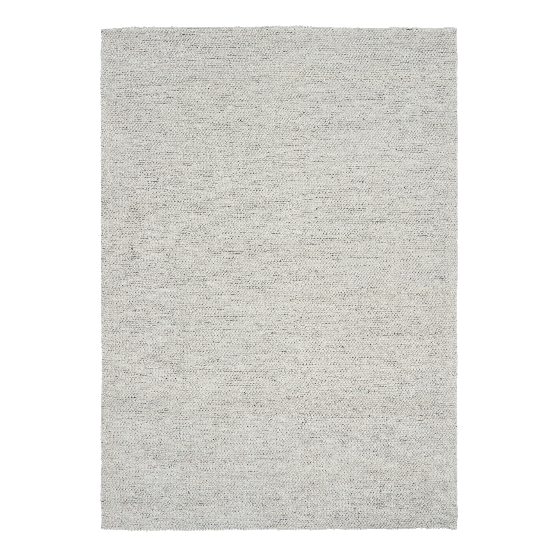 A rectangular area rug with a textured, woven light gray and off-white pattern, shown flat against a solid white background.