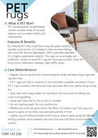 Advertisement for PET rugs with text and a chair on a rug.
