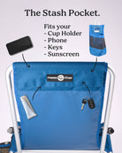 Blue folding chair with a stash pocket labeled 'Happy Chap' on a white background.