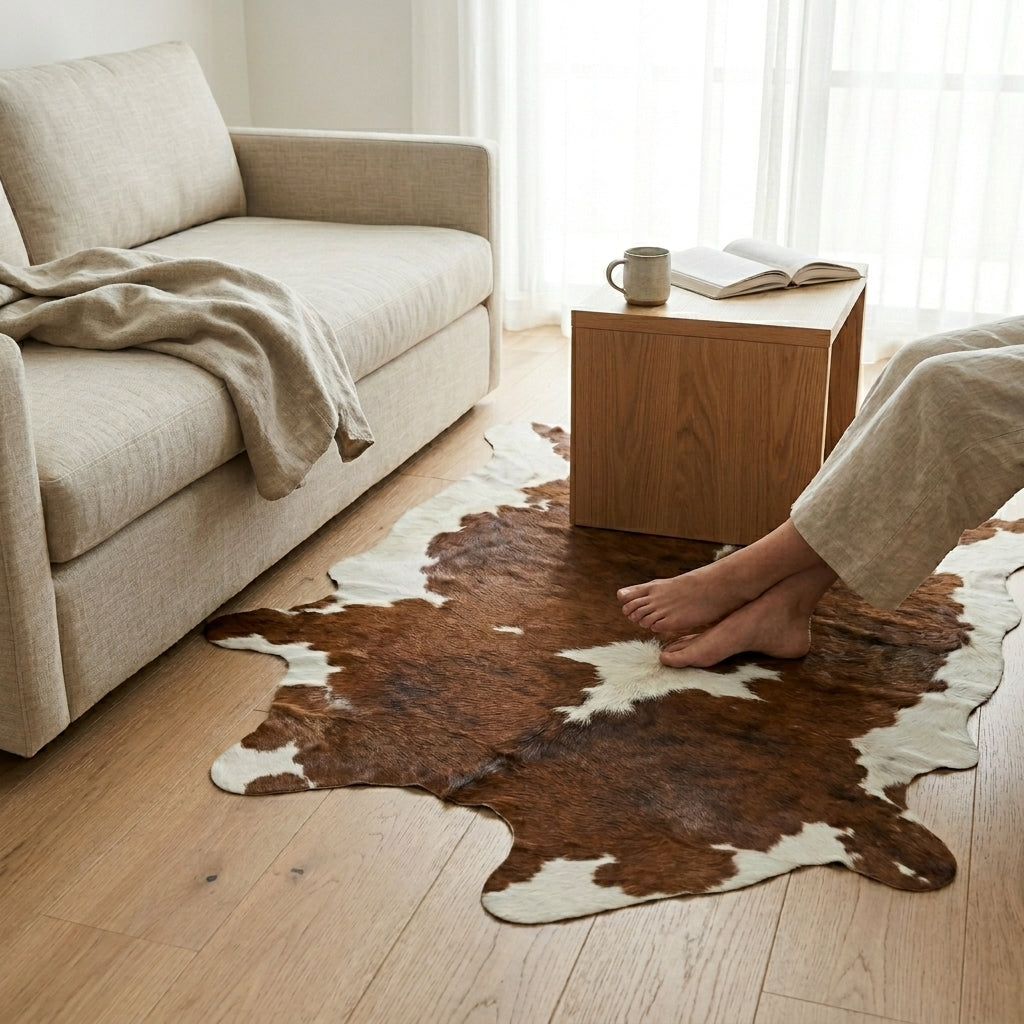 Beige sofa with a cowhide rug in a living room setting