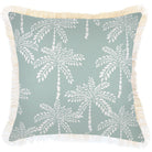 Decorative pillow with palm tree pattern on a light blue background