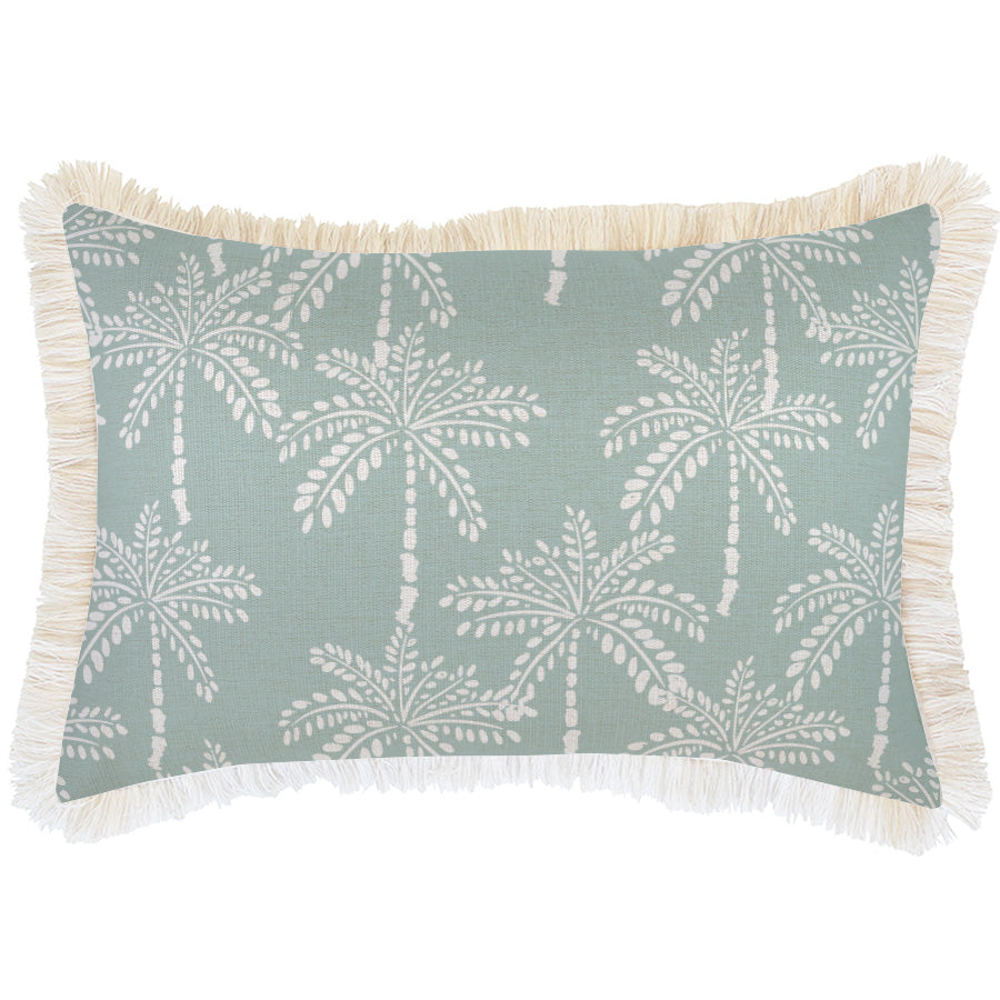 Decorative pillow with palm tree pattern and fringes on a light blue background