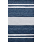 Striped blue and white rug on a white background