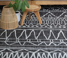 Patterned rug with a wooden stool and plant in the background