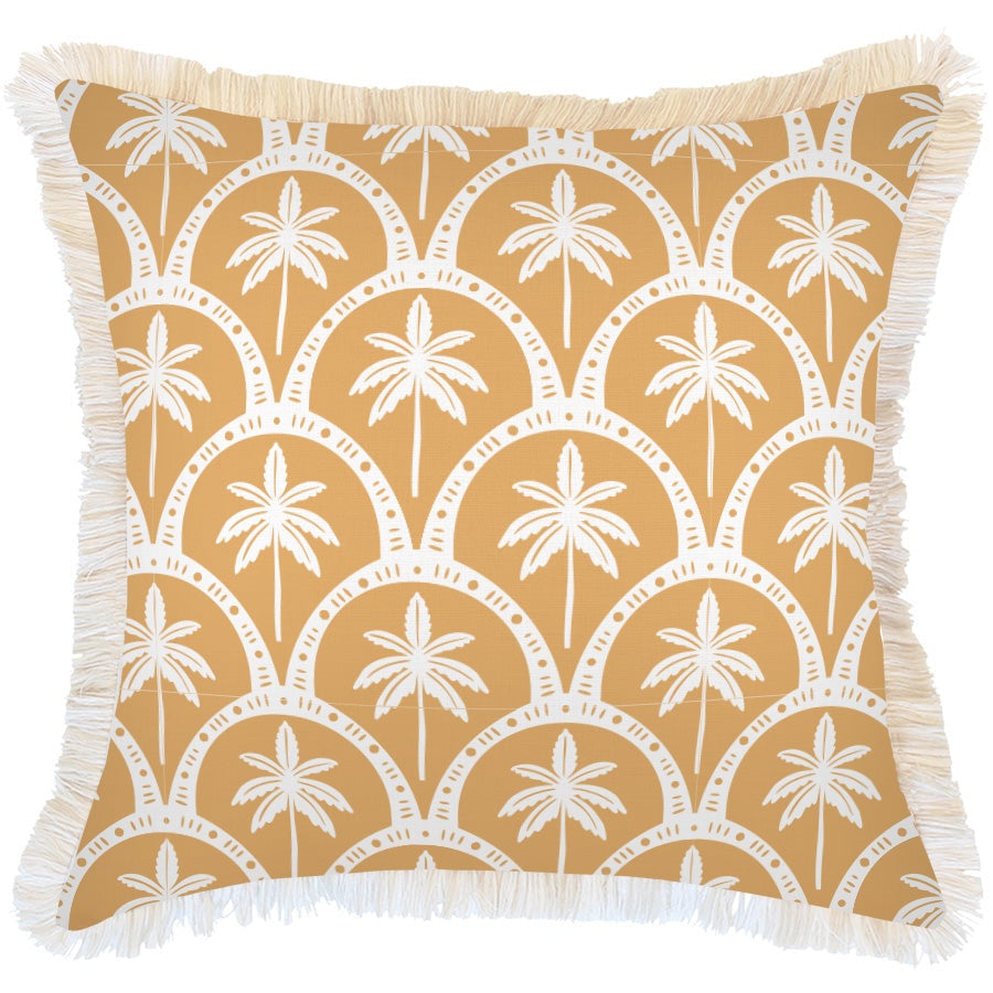 A square throw pillow with a warm mustard yellow background and a white palm tree pattern inside repeating arches, finished with white fringe trim on all sides.