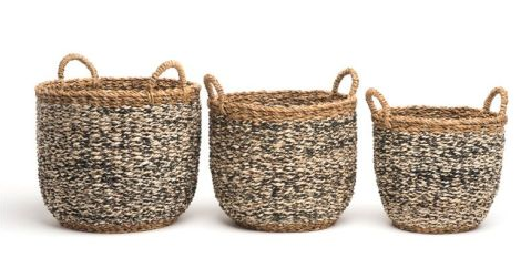 Three woven baskets of different sizes on a white background