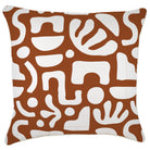 A square throw pillow featuring an abstract, organic pattern in terracotta brown and off-white, set against a clean white background.