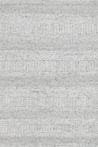 Close-up view of a grey wool and nylon area rug with a textured pattern