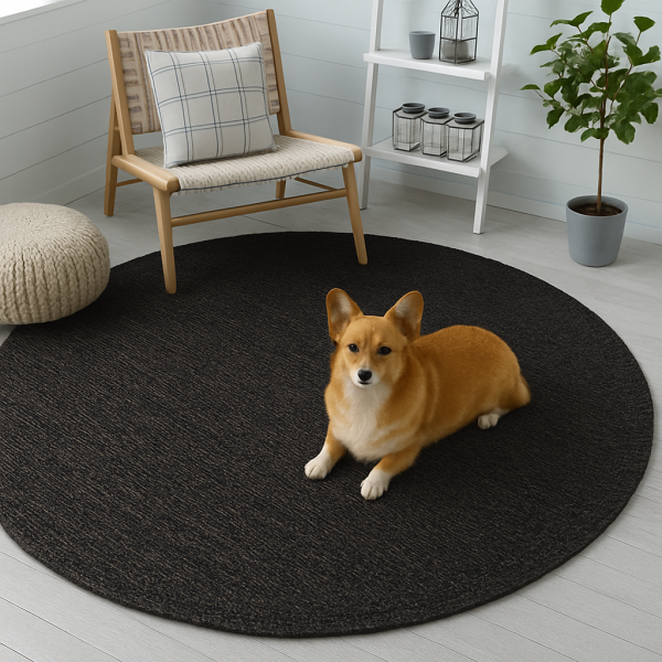 Dog sitting on a black round rug in a room with a chair, plant, and shelves.