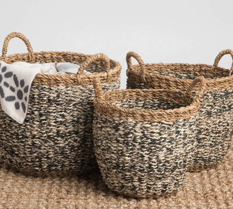 Set of woven baskets on a neutral background