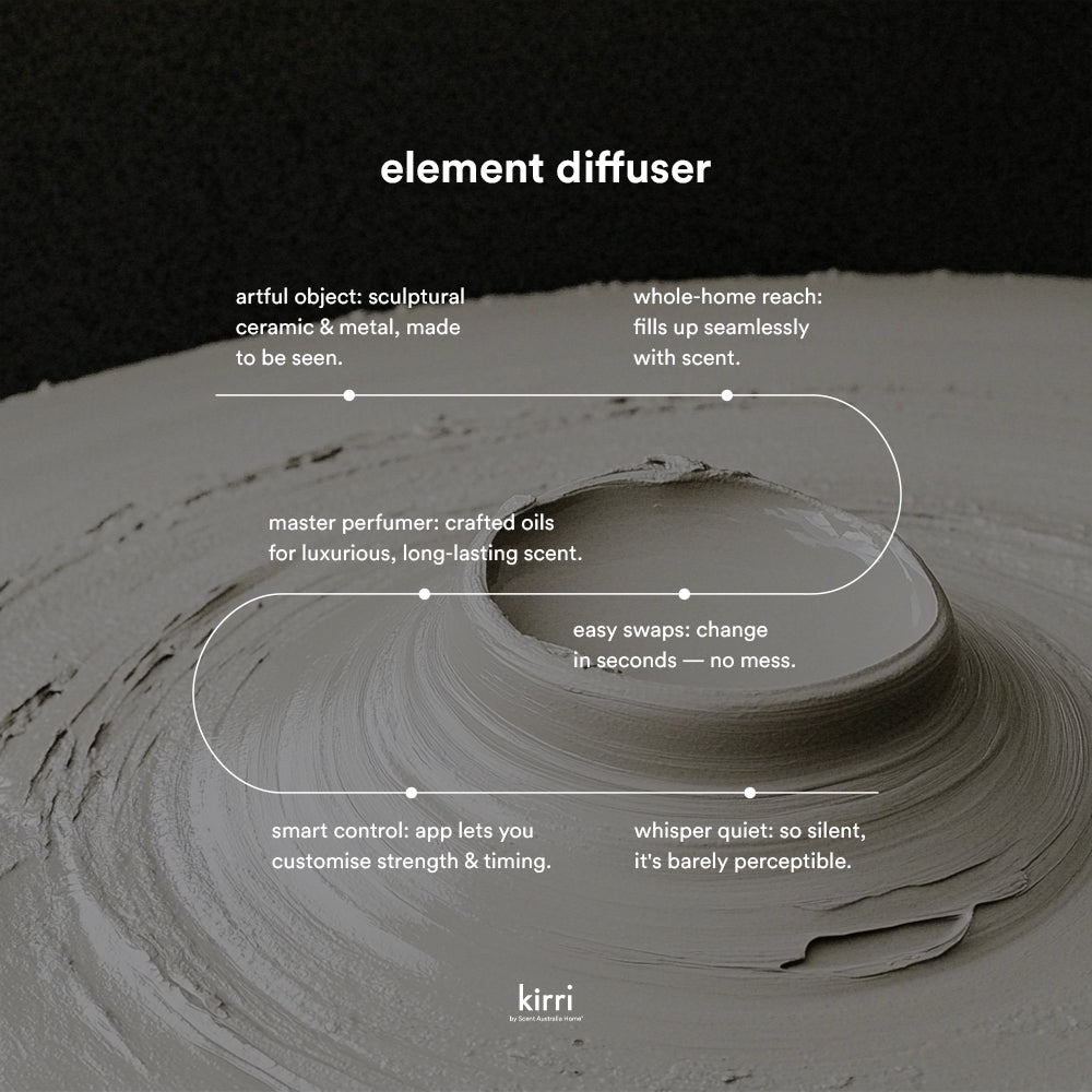 Ceramic and metal diffuser with text describing its features on a dark background