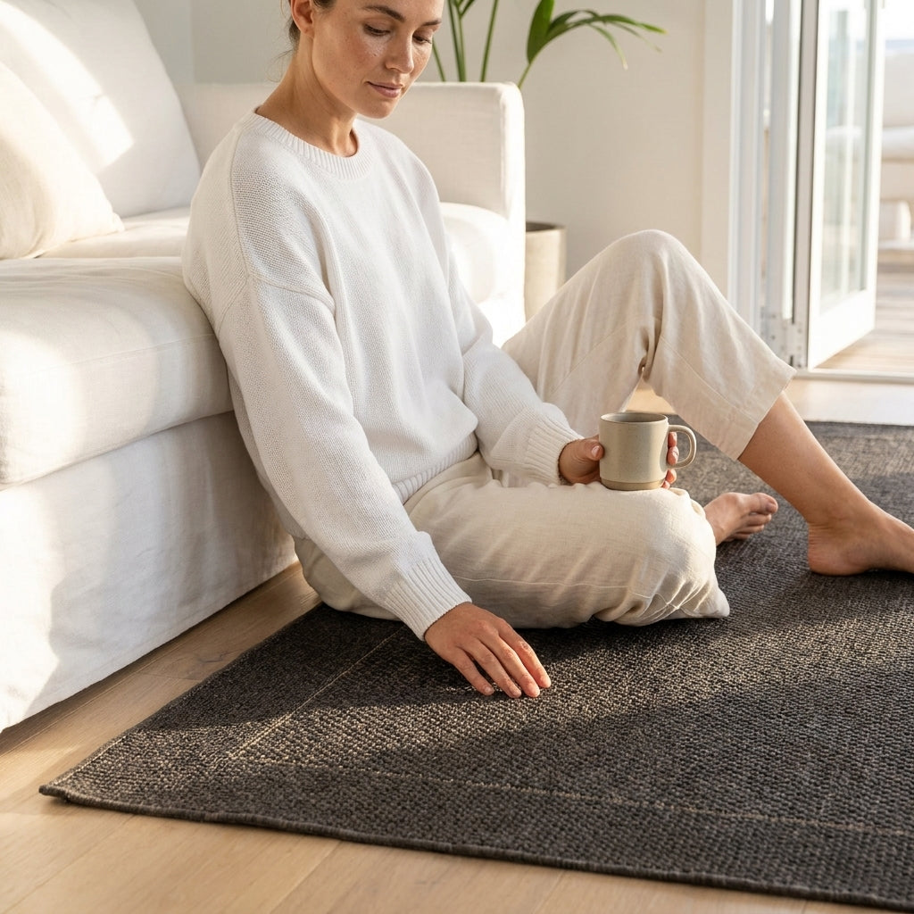 Woman sitting on a dark rug holding a mug in a bright living room.