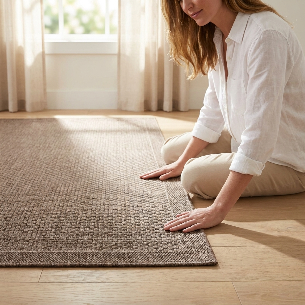 A woman kneels on a light wood floor to show the texture of a large woven area rug in a sunlit room with beige curtains.