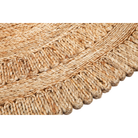 Close-up of a woven natural fiber product, likely a rug or mat, showing a braided texture and scalloped fringe edge in warm tan and beige tones against a white background.