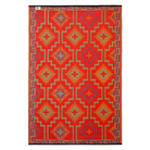 A rectangular woven rug with a bold geometric pattern in red, orange, purple, and beige, shown flat against a white background.