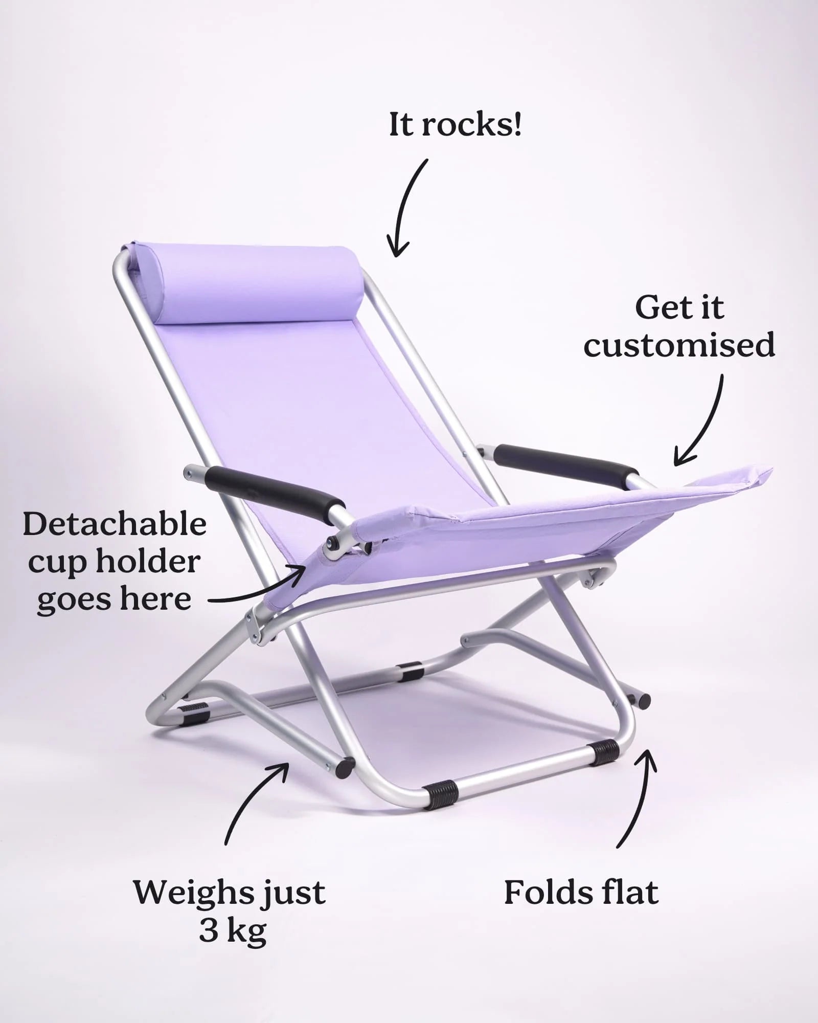 Foldable chair with features highlighted on a white background