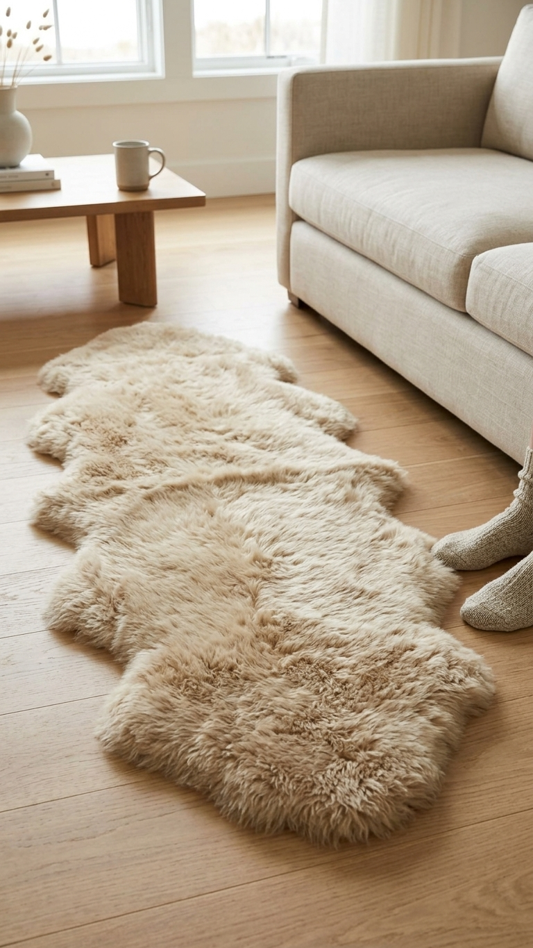 Fluffy sheepskin rug on a wooden floor in a living room with a sofa and coffee table.