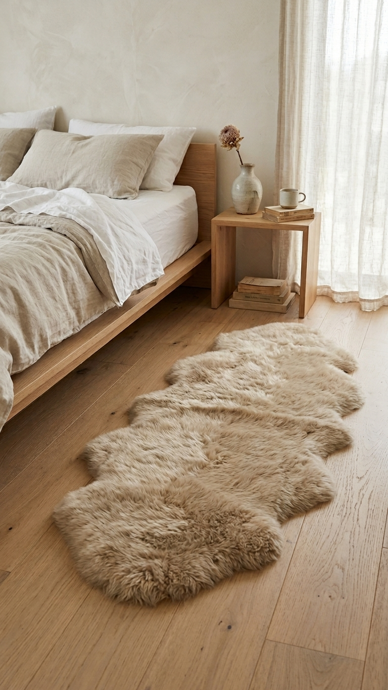 Beige fluffy sheepkin double rug on a wooden floor in a bedroom setting with a bed and side table.