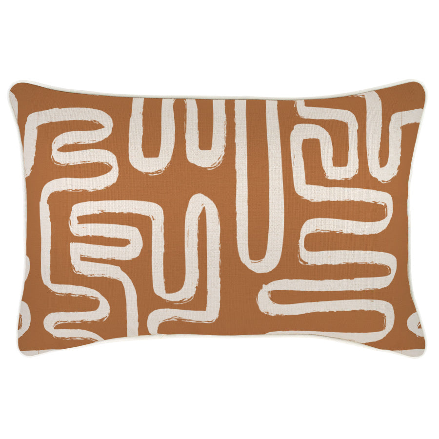 Decorative pillow with white abstract pattern on brown background