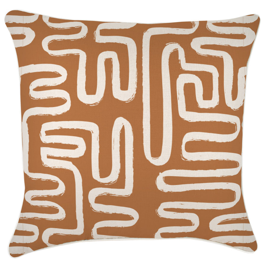 Decorative pillow with white abstract pattern on a brown background