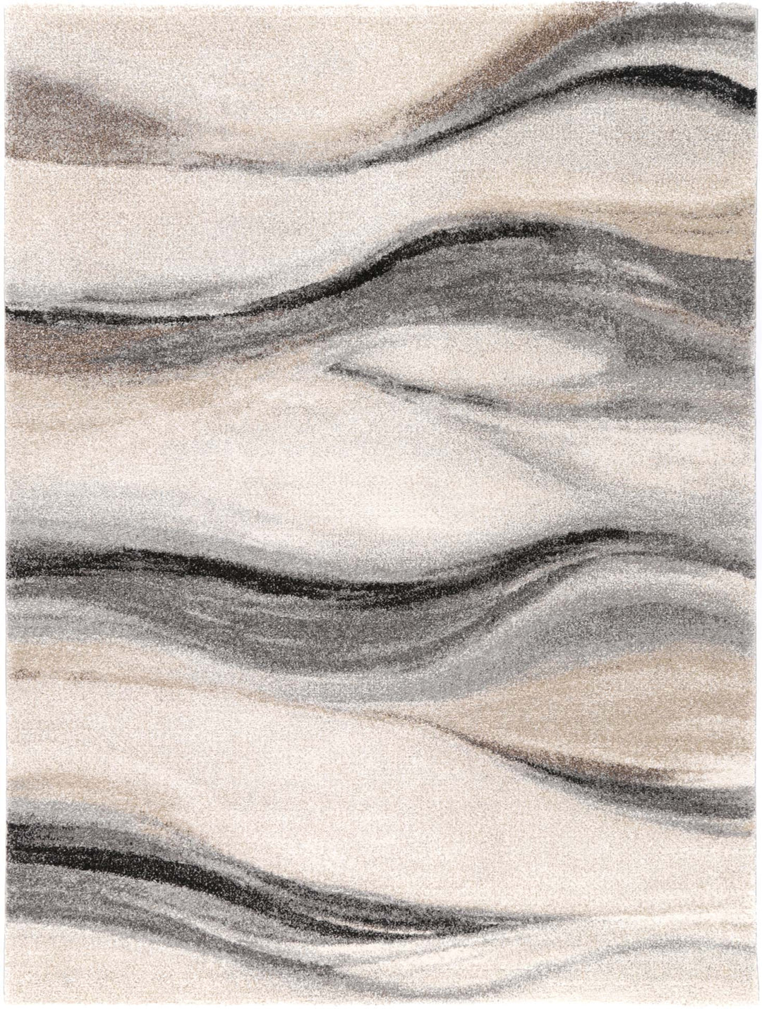 A modern neutral-colored rug with abstract geometric patterns in beige, brown, white, and gray tones.