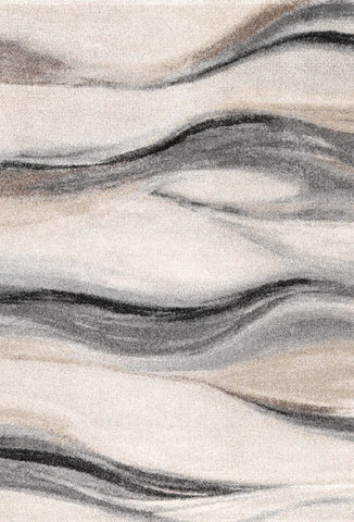 A modern neutral-colored rug with abstract geometric design, featuring shades of brown, beige, white, and gray.