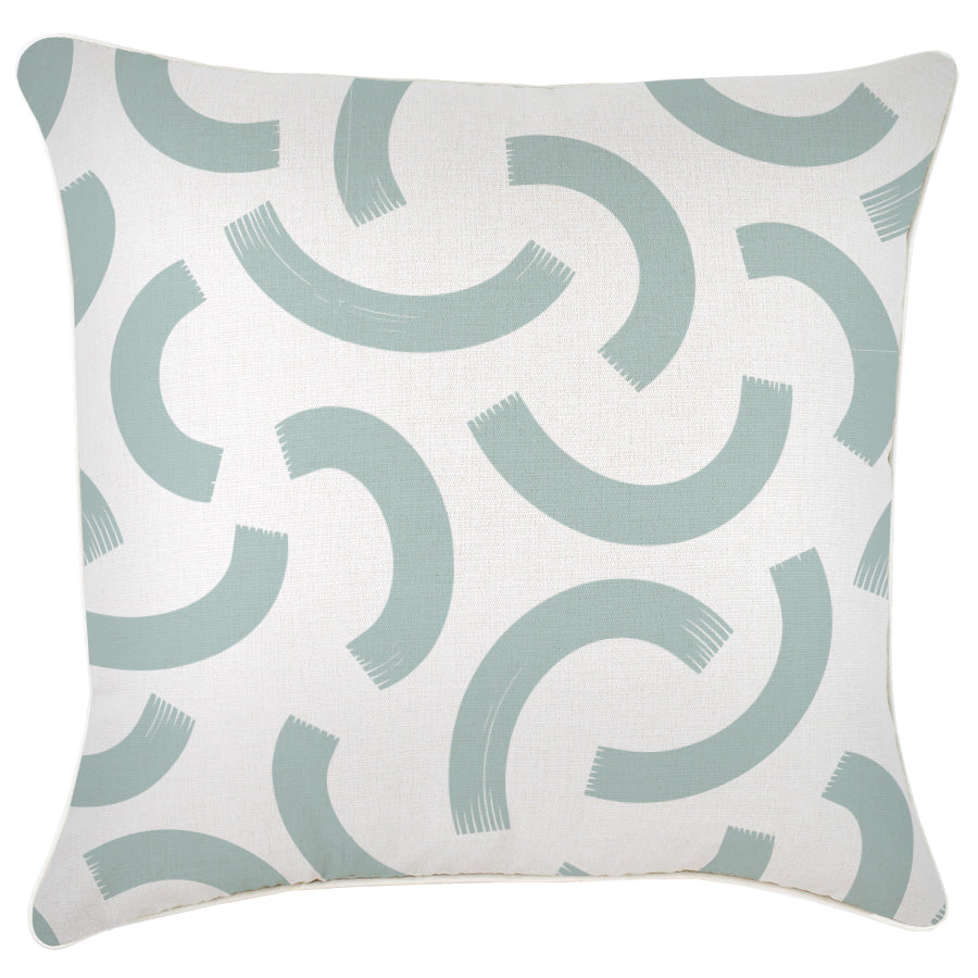 Decorative pillow with a light blue geometric pattern on a white background
