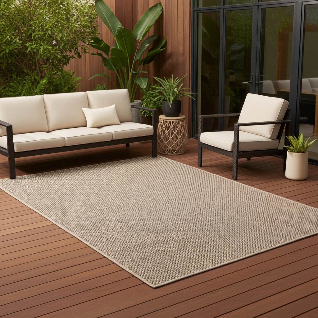 Outdoor patio with beige sofa, chair, and rug on a wooden deck.