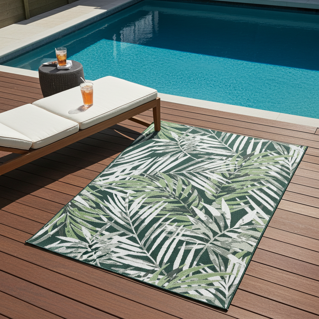 Green leaf-patterned rug on a wooden deck by a poolside with lounge chairs and drinks.