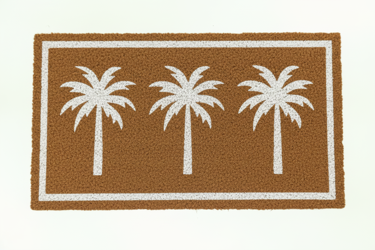 Doormat with three palm tree designs on a brown background