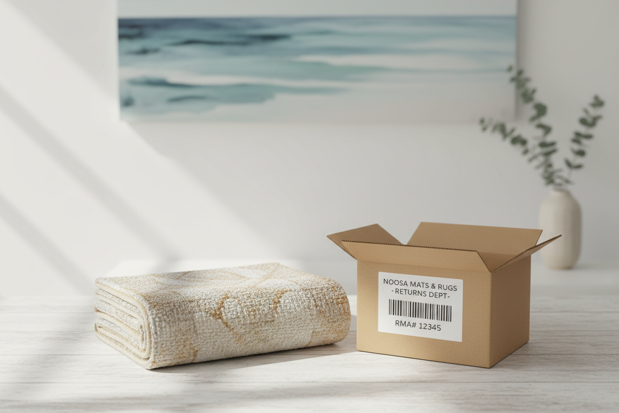 please create an image about returning items to Noosa Mats and rugs. please make the image modern looking and mininmal in style