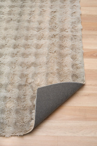 Textured rug with a gray border on a wooden floor