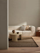 Modern living room with a beige sofa, coffee table, and decorative items.