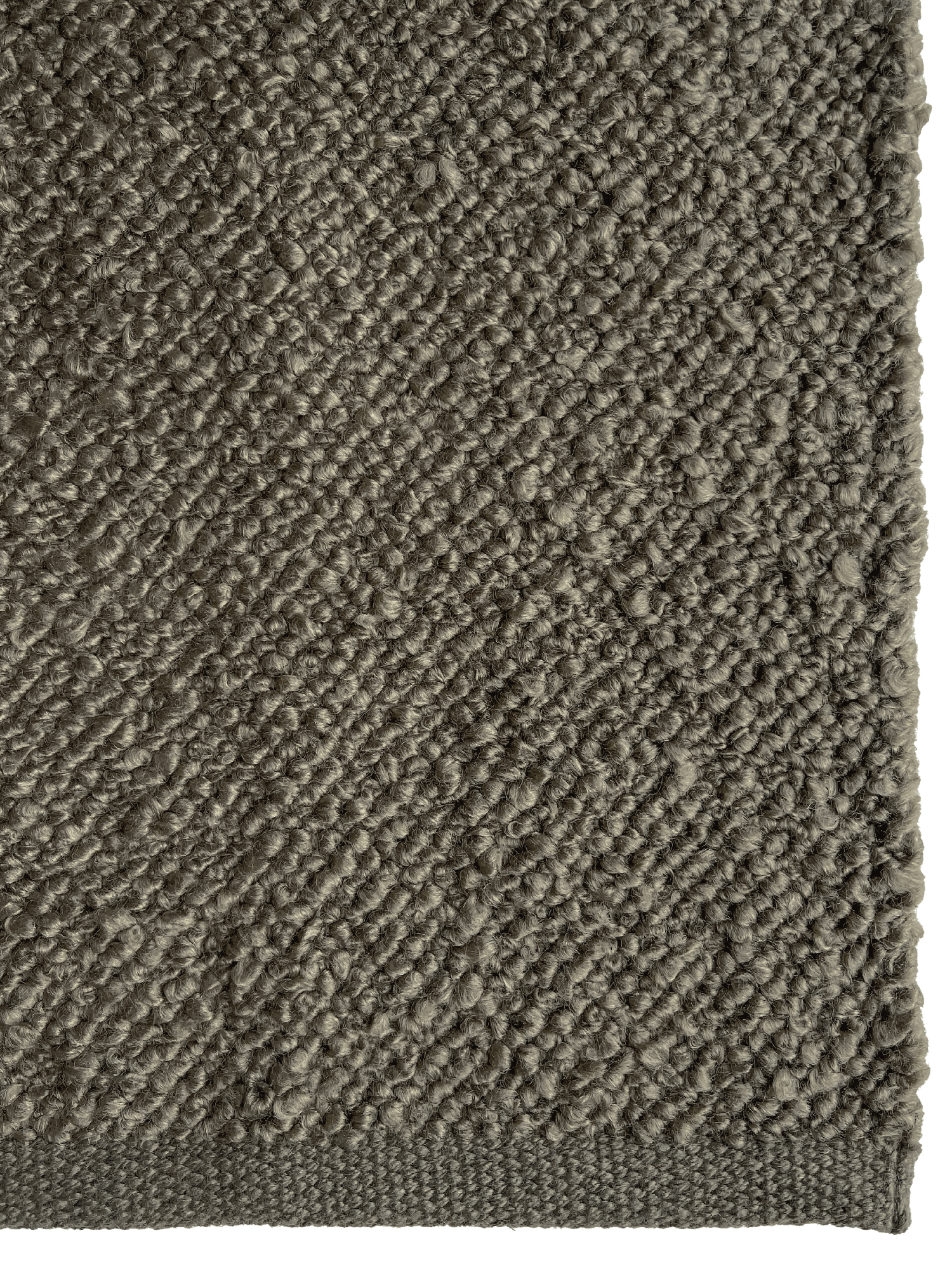 Close-up of a textured area rug showing its looped pile and woven border in a warm taupe-brown color.